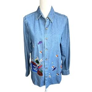 Vintage Halloween denim button down shirt embroidered Grandmacore pumpkin